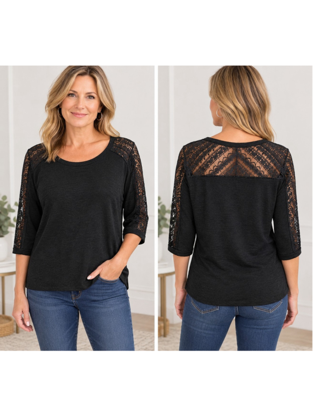 American Eagle Black Lace Yoke 3/4 Sleeve Raglan Top Crochet Boho Casual XL 2249